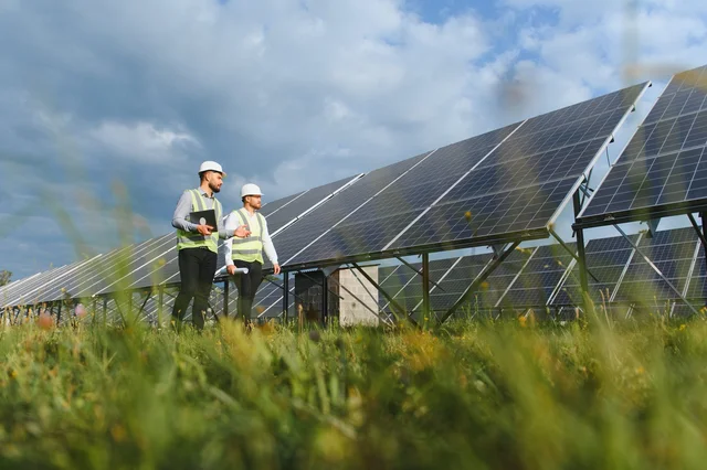 Zwei Ingenieure mit Schutzhelmen und Warnwesten begutachten eine Freiflächen-Photovoltaikanlage, während einer der beiden ein Tablet bedient und auf die Solarmodule zeigt.