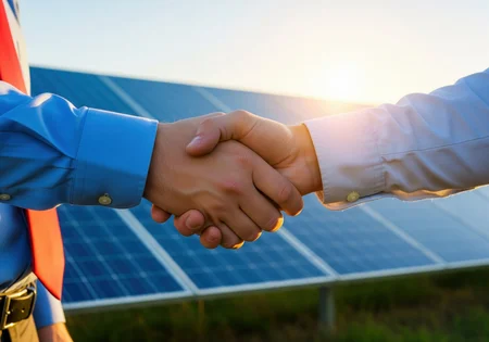 Nahaufnahme eines Handschlags zwischen zwei Personen in Business-Kleidung vor einem großen Solarpark bei Sonnenuntergang als Symbol für Partnerschaft und Kooperation.