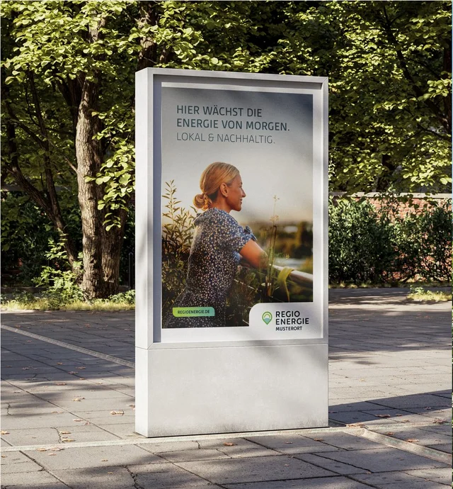 Zweigeteiltes Bild: Links eine beleuchtete Werbestele mit einem Plakat der RegioEnergie, rechts zwei Fahnen an Masten ebenfalls mit dem Regio Energie Logo, jeweils im Außenbereich vor Bäumen.