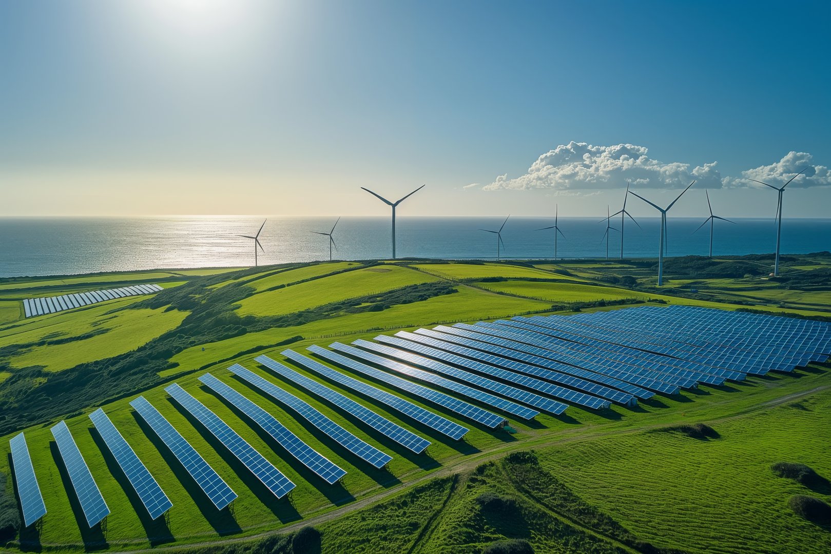 Luftaufnahme eines weitläufigen Solarparks und mehrerer Windkraftanlagen an der norddeutschen Küste bei Sonnenschein.